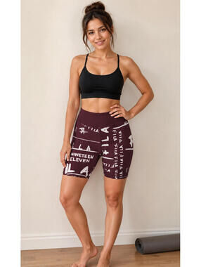 FILA Women's Artsy Graffiti  burgundy Yoga Bike Shorts Size L Hi Rise